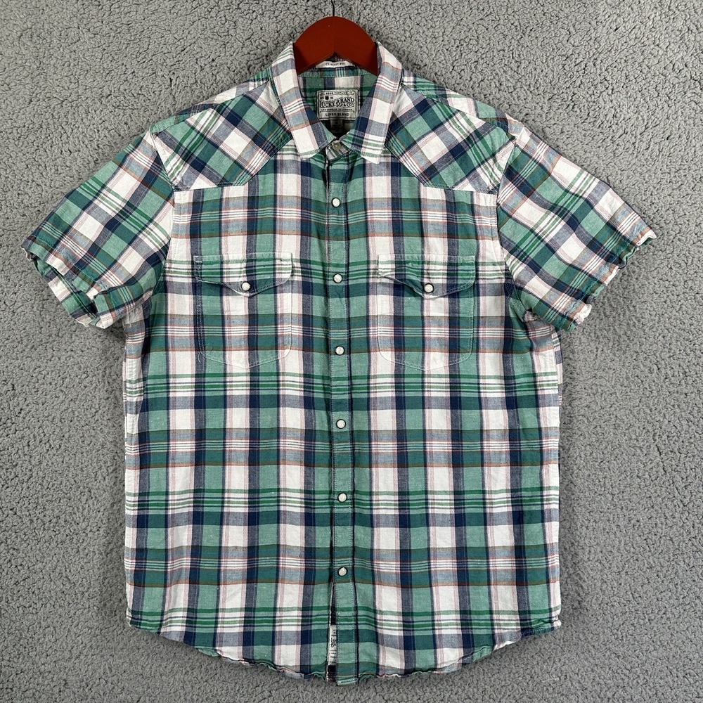 Lucky Brand Western Shirt M Plaid Pearl Snap Linen Cotton Short Sleeve Cowboy